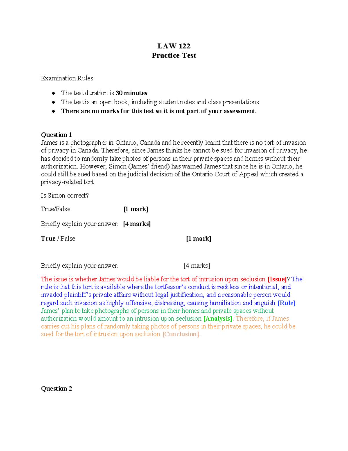 LAW 122 Practice Test: Examining Invasion of Privacy Tort Issues - Studocu