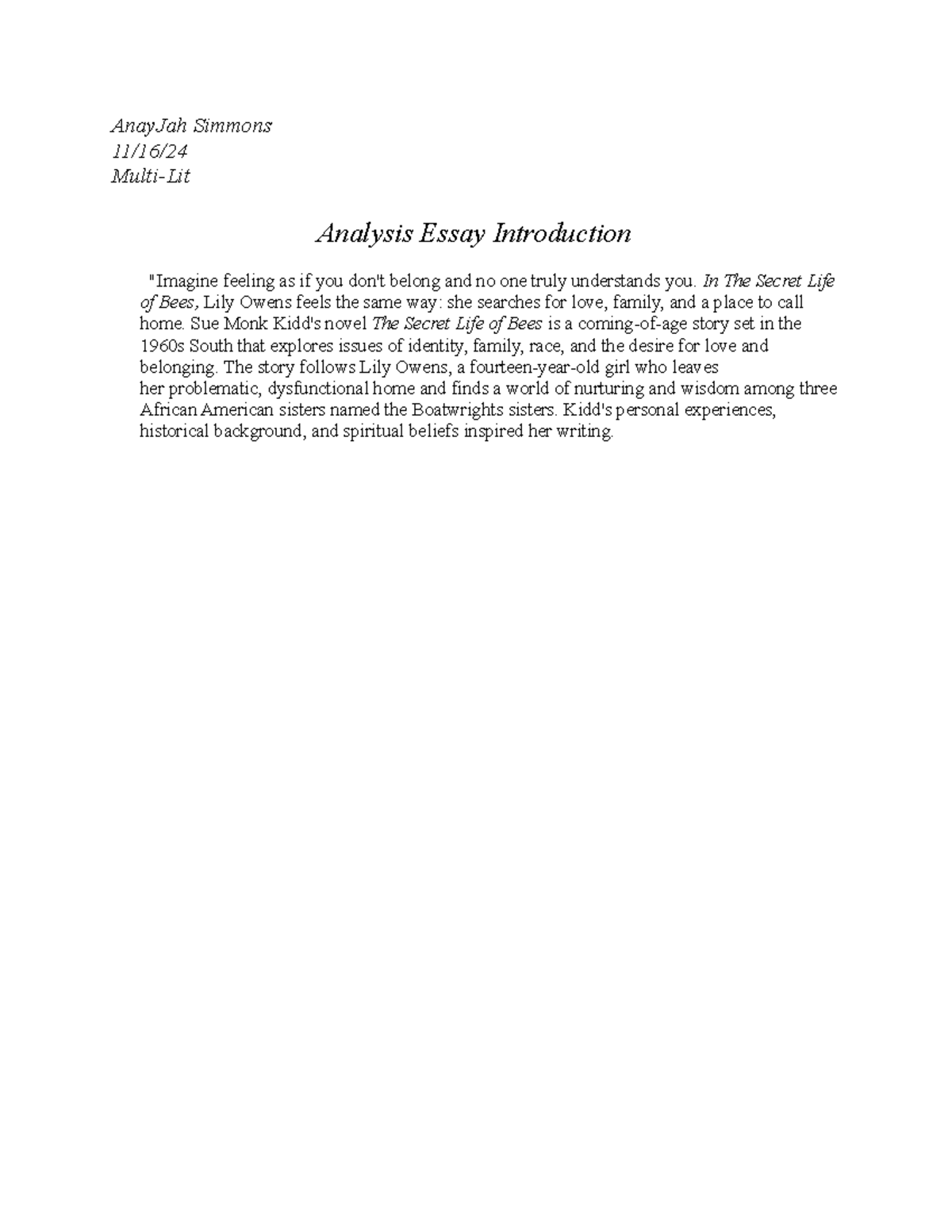 Analysis Essay Introduction - AnayJah Simmons 11/16/ Multi-Lit Analysis ...