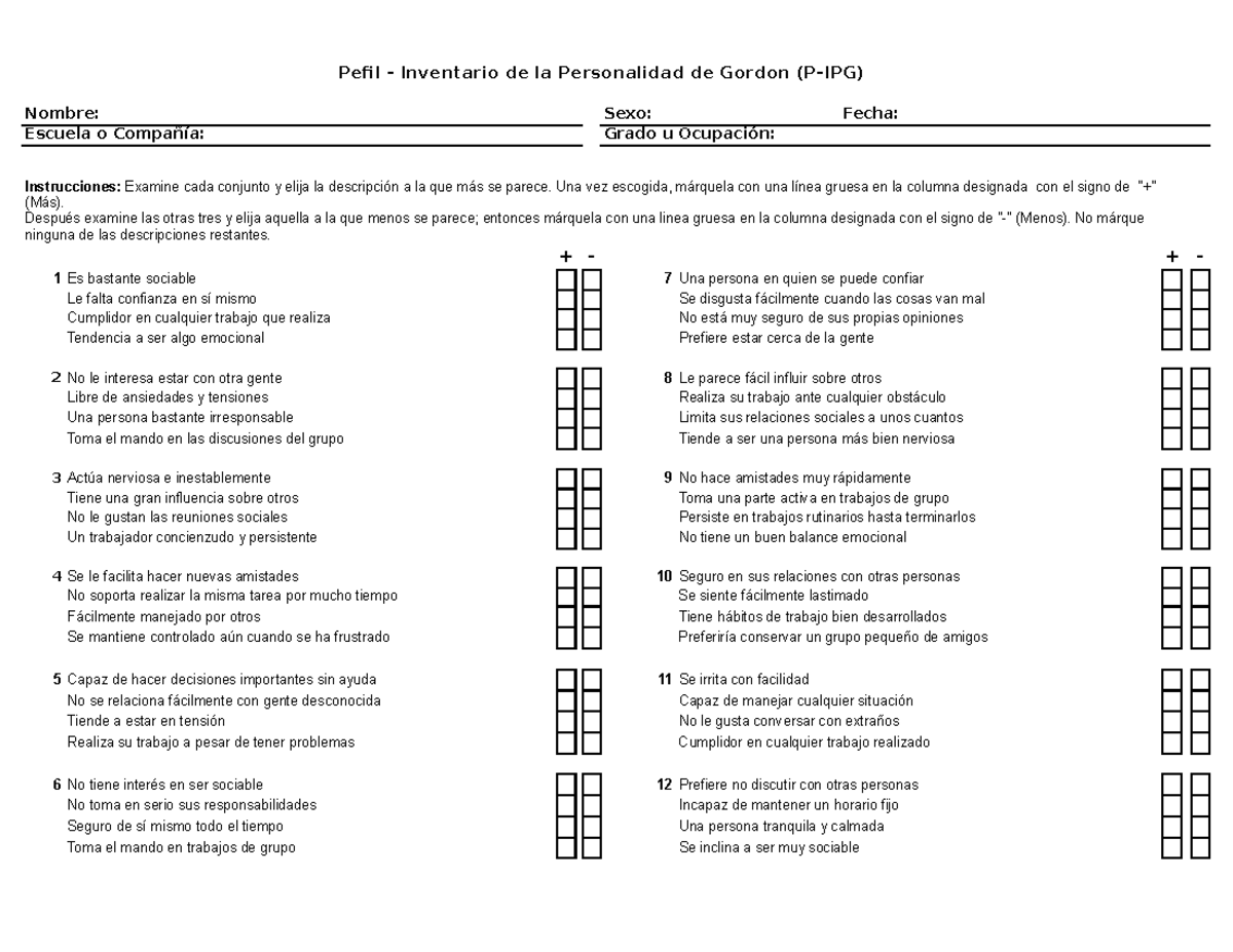 Cuadernillo de Preguntas del Inventario de Personalidad de Gordon - Document Preview