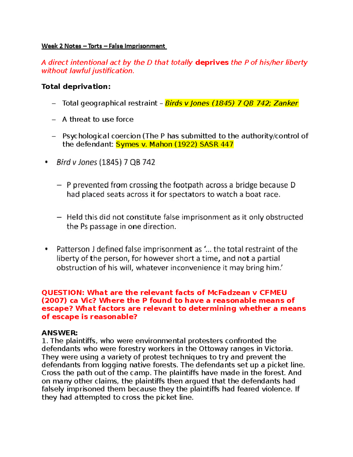 Week 2 Torts Law Notes - False Imprisonment Analysis - Studocu