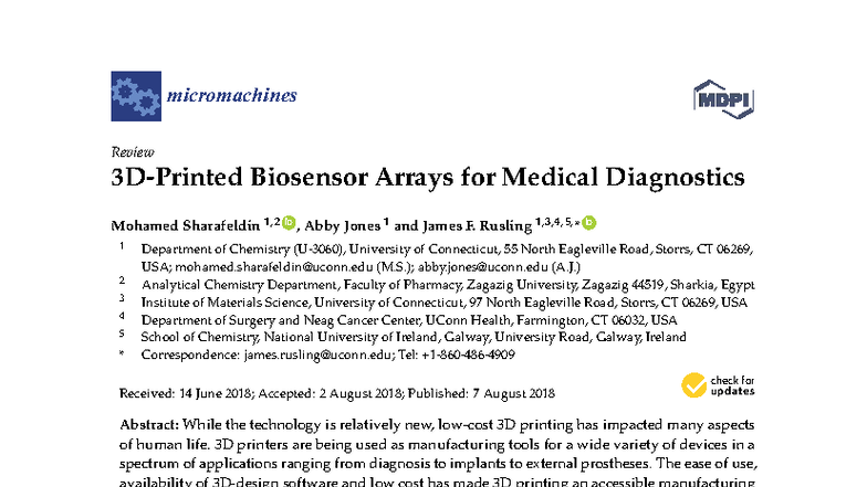 3D-Printed Biosensor Arrays for Medical Diagnostics (MICROMACHINES 2018 ...