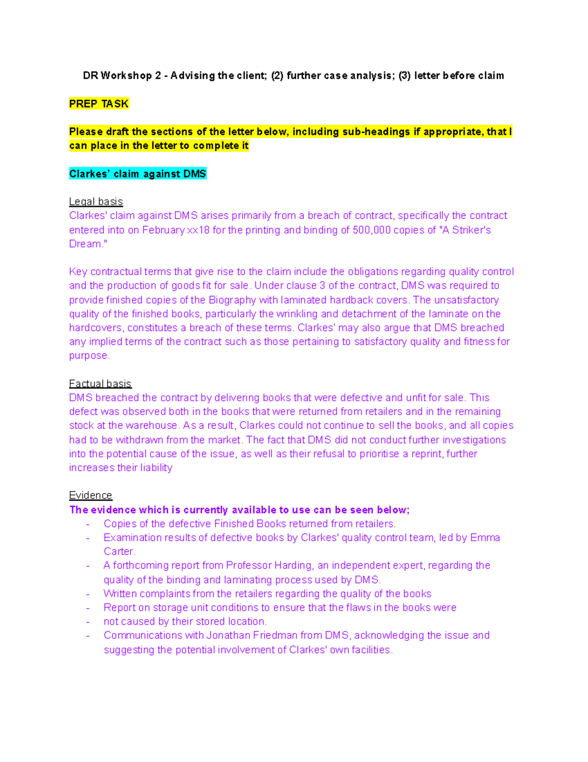 DR WS 2 - Case Letter Draft and Claim Analysis for DMS - Studocu