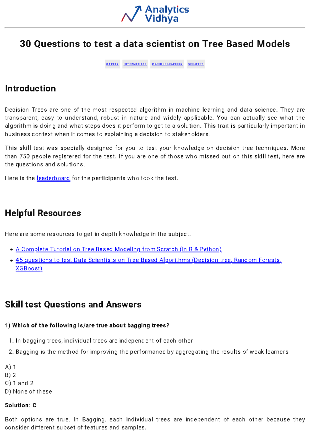 30 Questions Skill Test on Tree-Based Models (Intermediate ML) - Studocu