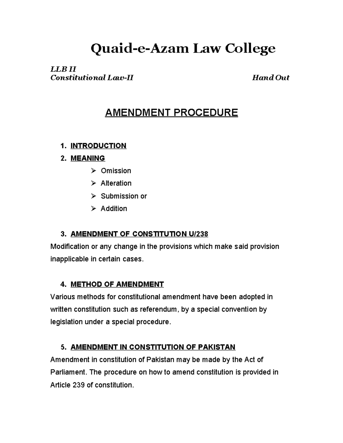 LLB II Constitutional Law: Amendment Procedure Overview - Studocu