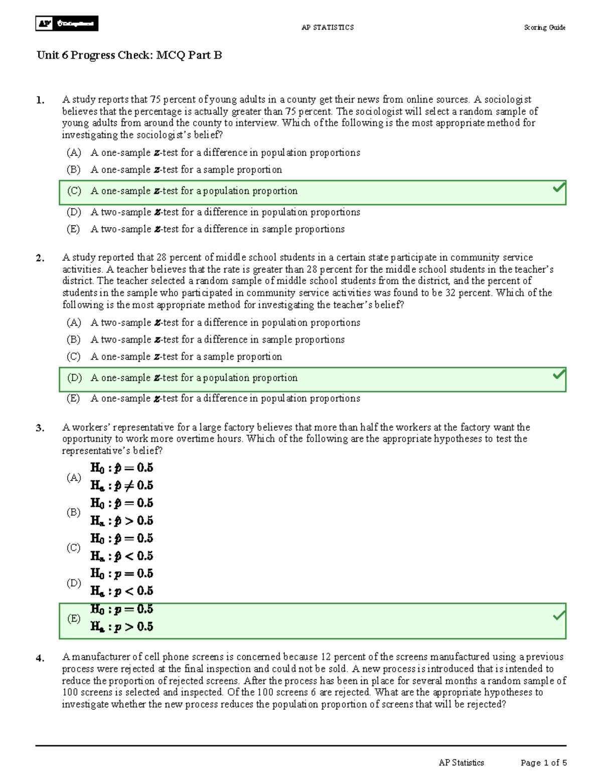 AP STATISTICS Unit 6 Progress Check MCQ Part B Study Guide Studocu