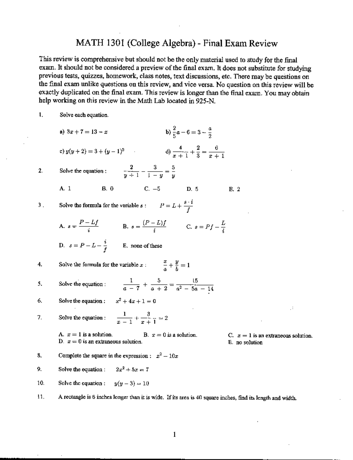 College Algebra Final Exam Review 1 w KEY - MATH 1301 (College Algebra ...