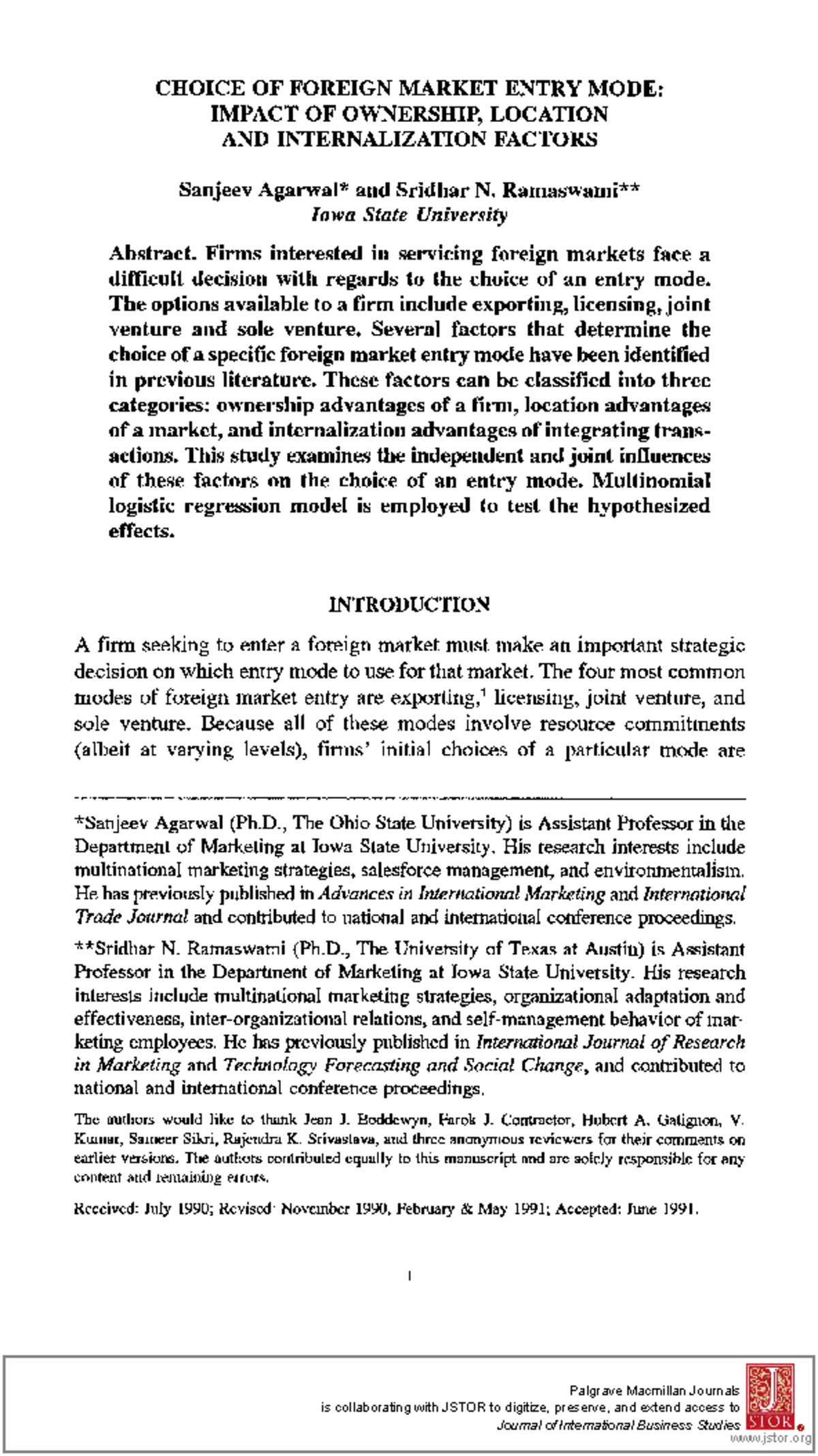 CHOICE OF FOREIGN MARKET ENTRY MODE: IMPACT OF OWNERSHIP, LOCATION ...