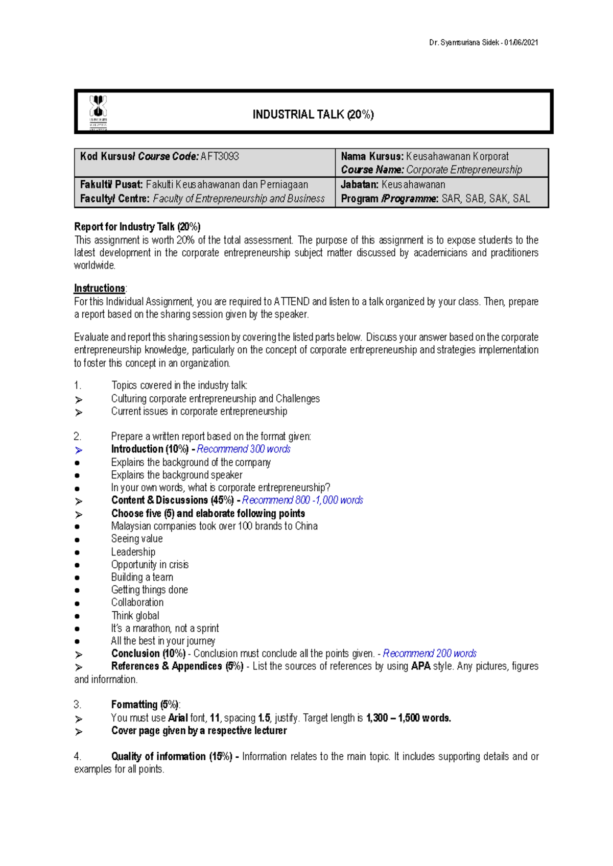 Guideline AFT3093 - Industry Talk L4 (20%) - Dr. Syamsuriana Sidek - 01 ...