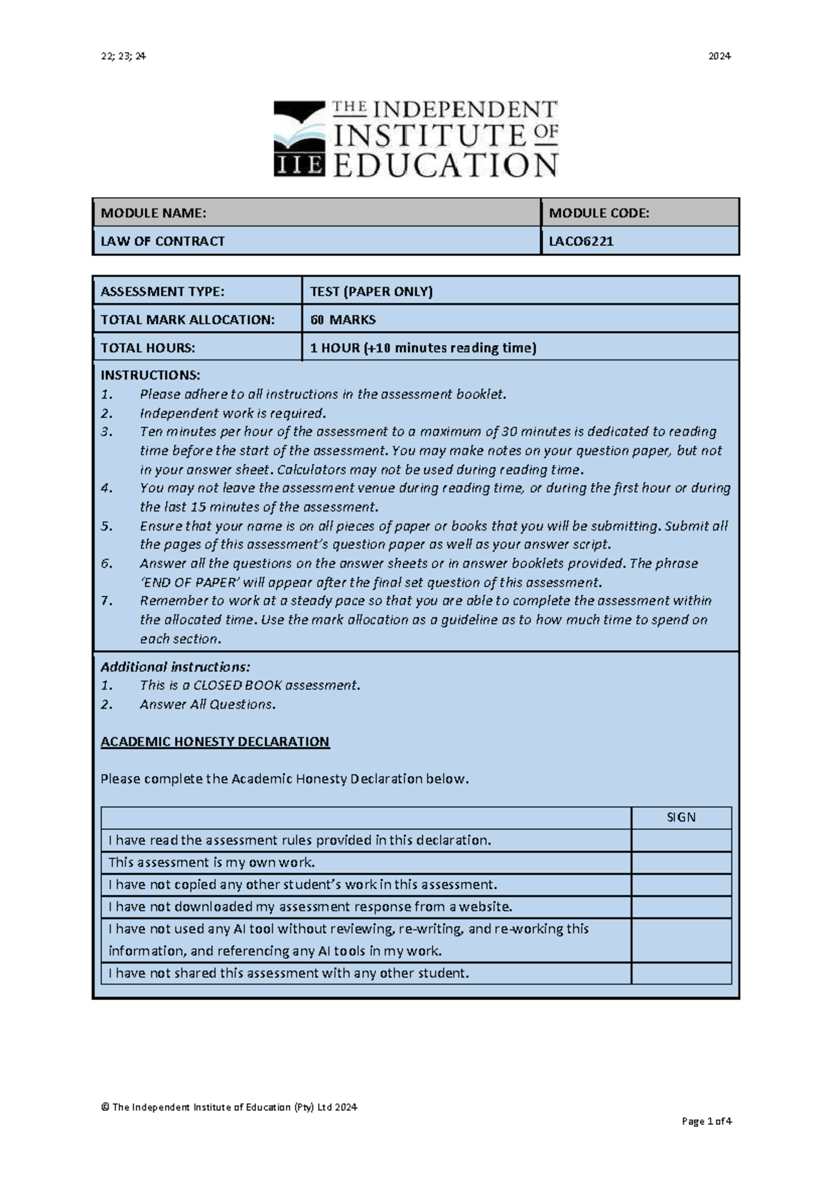LACO6221 - Law of Contract Test Instructions and Questions - Studocu
