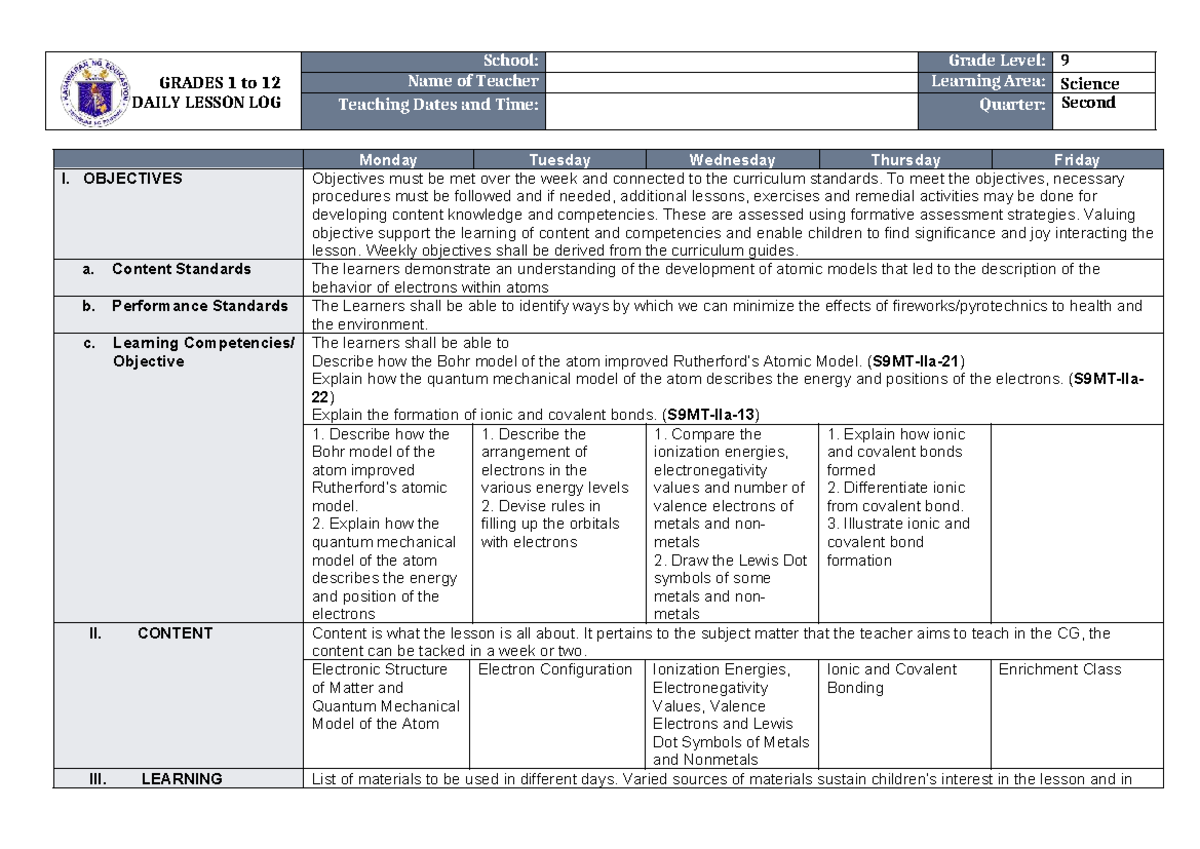 919022076 DLL Science 9 Q2 W1: Daily Lesson Log on Atomic Models - Studocu