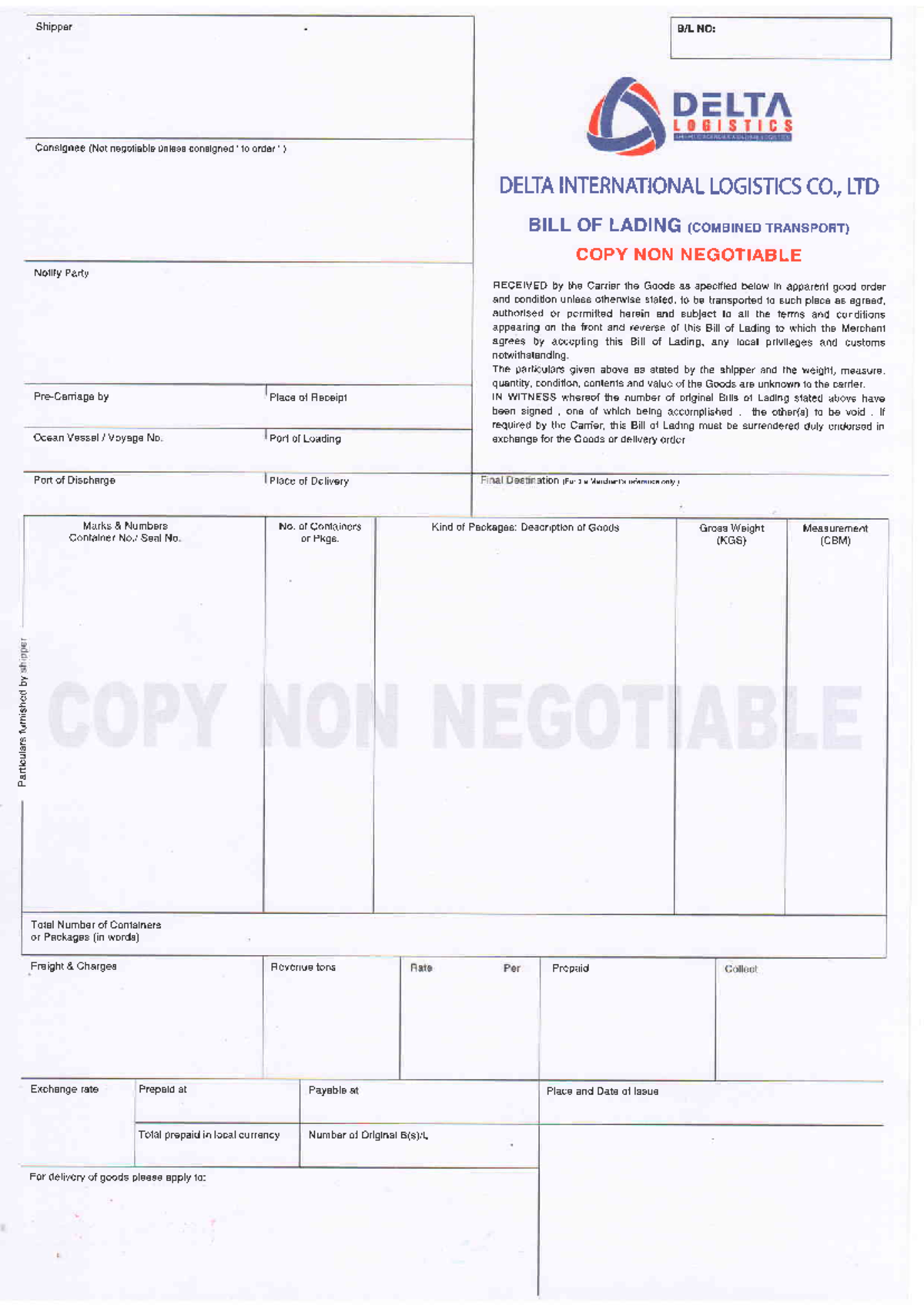 House BILL OF Lading - 223455 - Shipper Consignee (Not negotiable ...