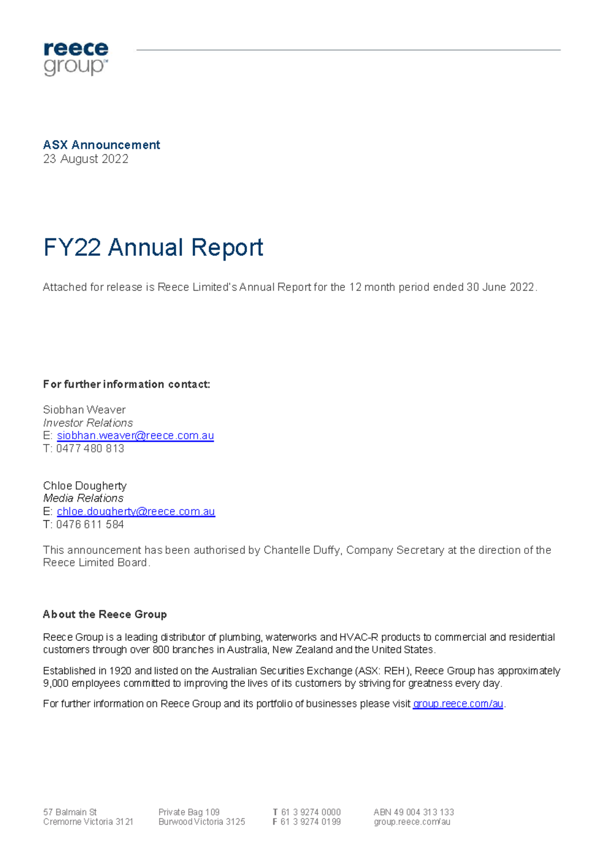 Reece Limited FY22 Annual Report: Business Review Highlights - Studocu