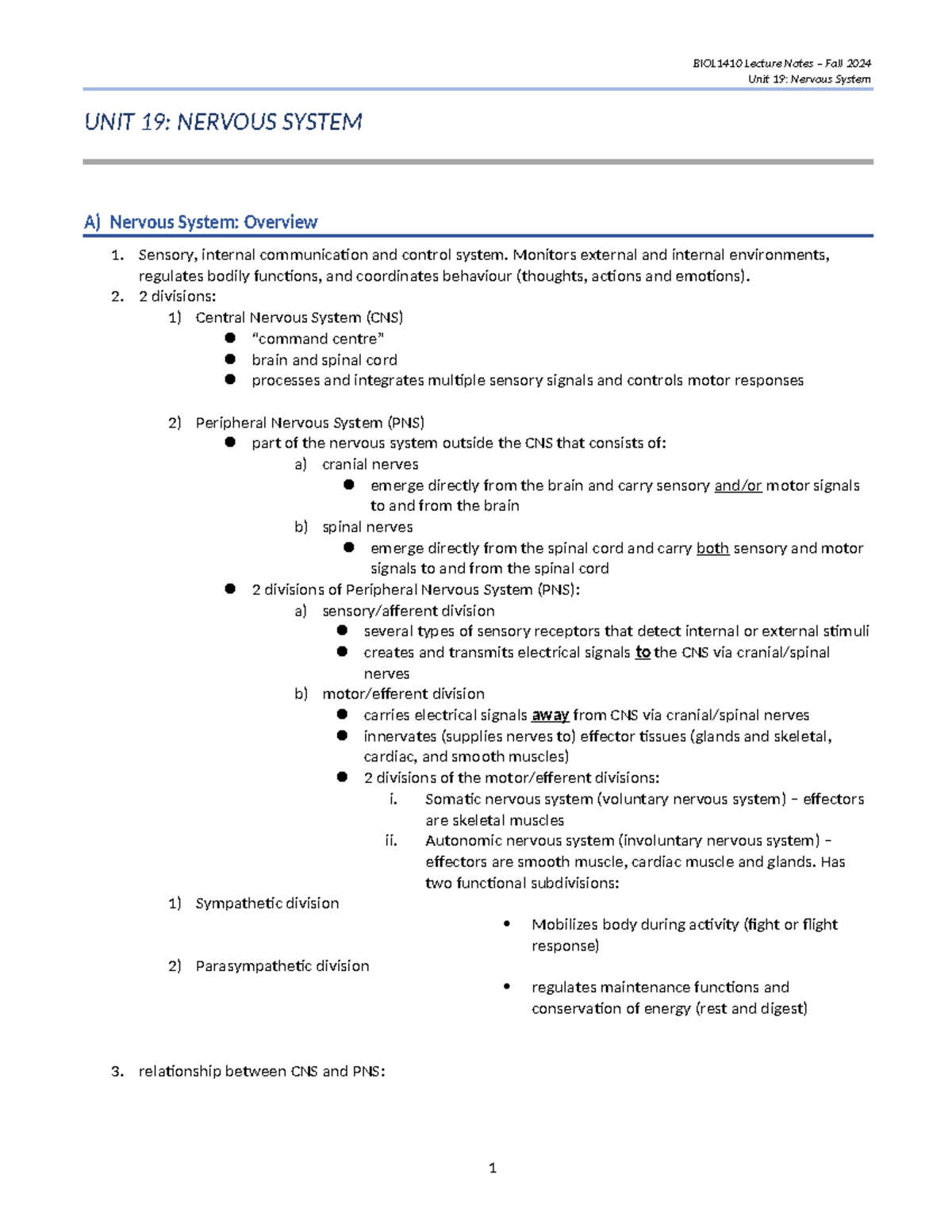 BIOL1410 Lecture Notes Fall 2024: Unit 19 - Nervous System Overview ...