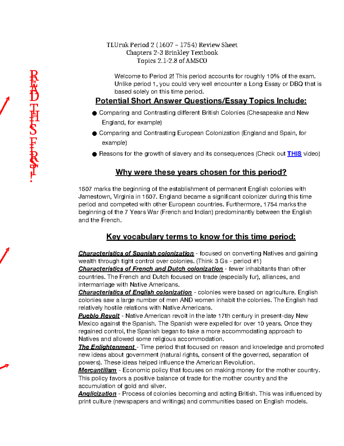 TLU Period 2 (1607-1754) Review Sheet: Key Topics & Insights - Studocu