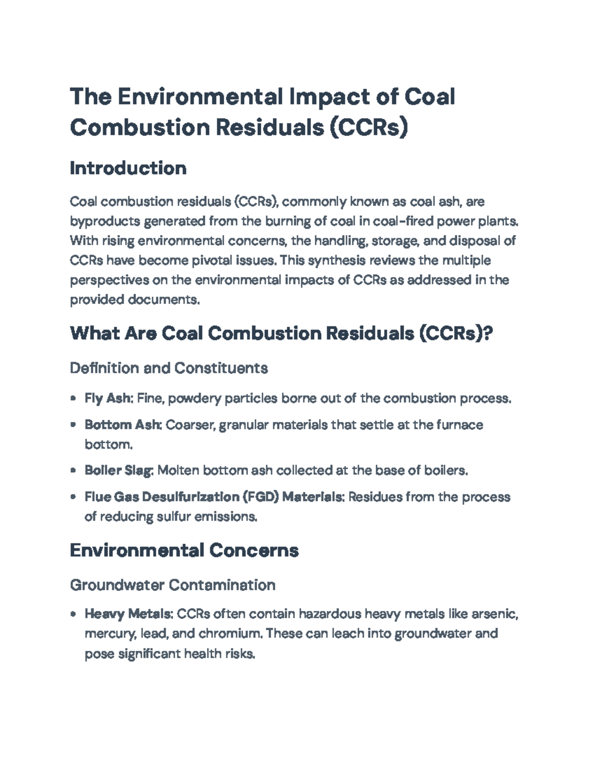 Environmental Impact of Coal Combustion Residuals (CCRs) Analysis - The ...