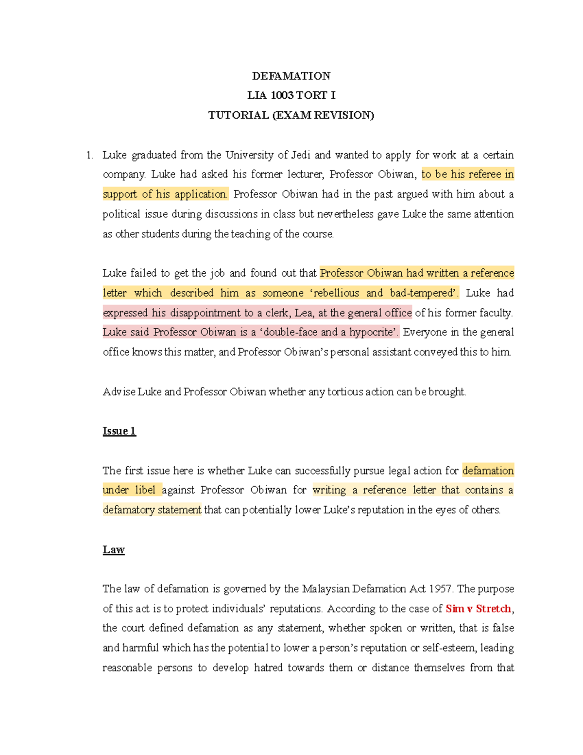 LIA 1003 Defamation Tutorial (Exam Revision) - Case Analysis - Studocu