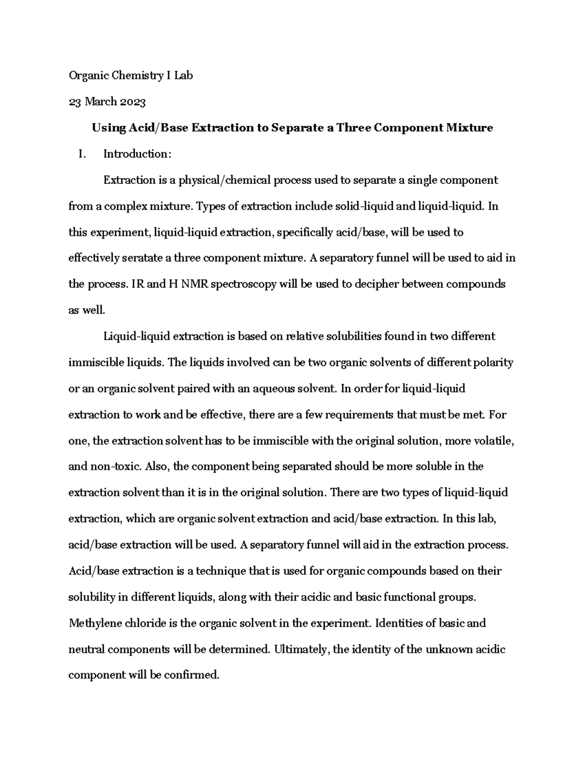 Lab Report 6 - Organic Chemistry I: Acid-Base Extraction Techniques ...
