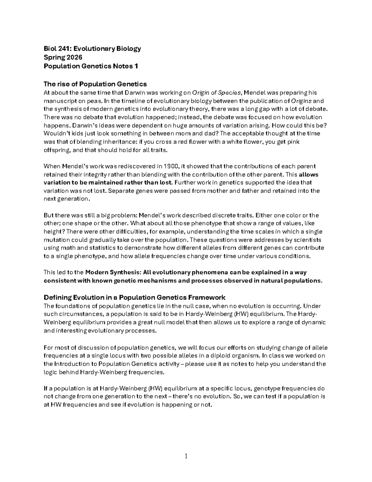 Biol 241: Evolutionary Biology Spring 2026 Population Genetics Notes ...