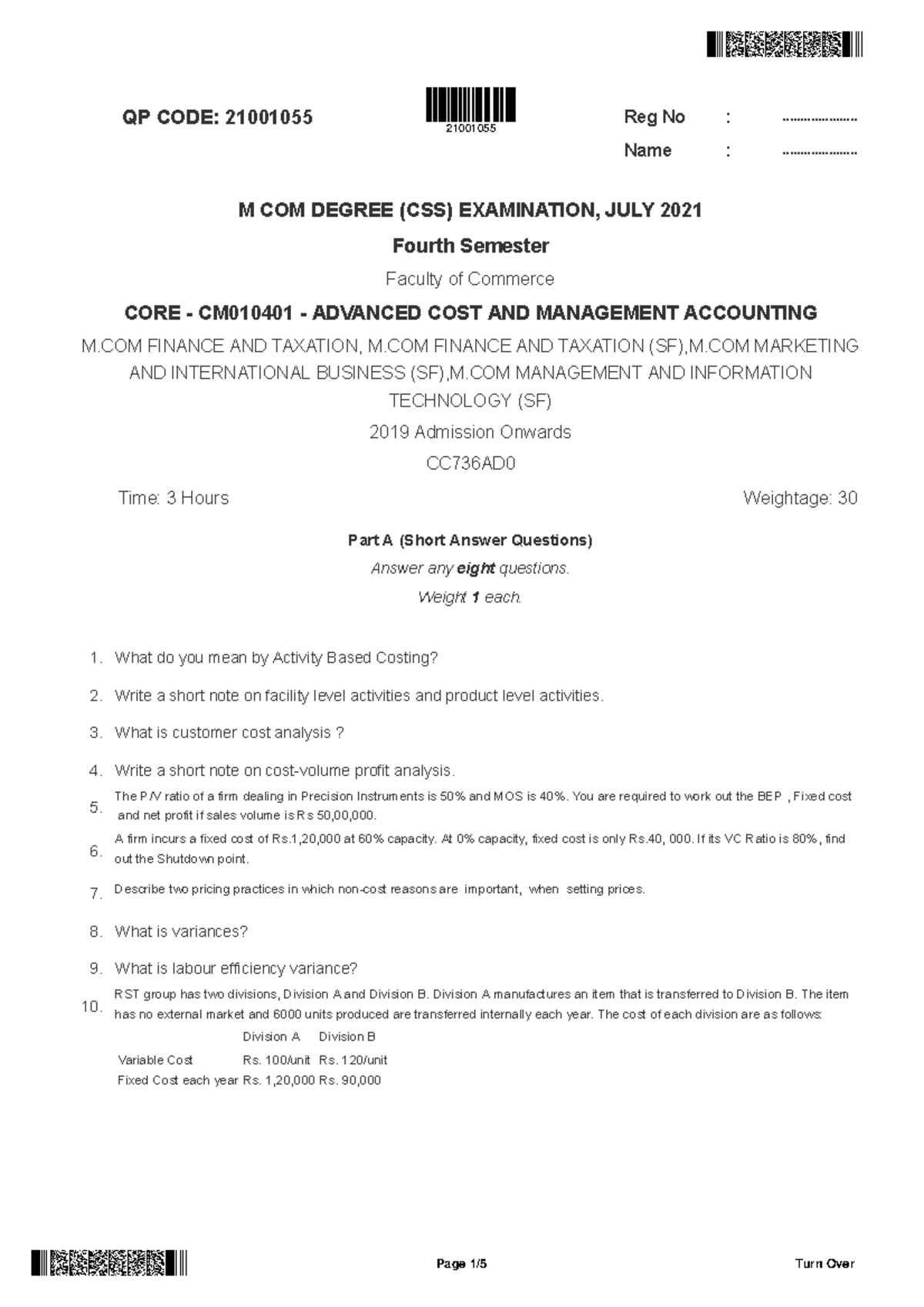 21001055 - M.Com Final Exam QP: Advanced Cost & Management Accounting ...