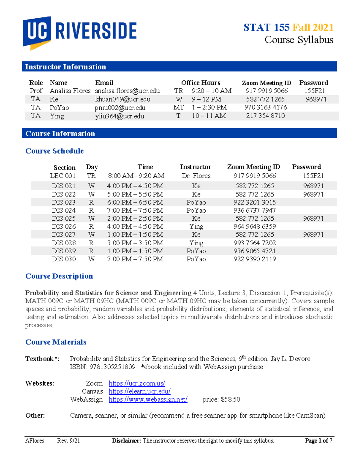 STAT 155 Fall 2021 - Syllabus for Probability & Statistics Course - Studocu
