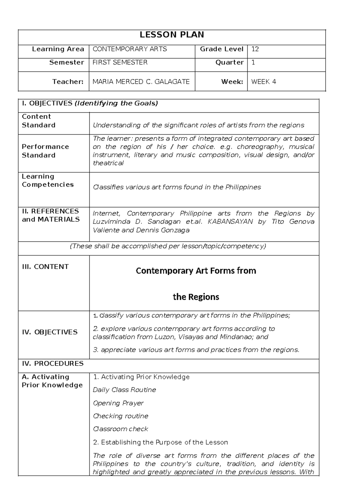 LP Contemporary ARTS WEEK 4 Lesson Plan by Maria Merced C. Galagate ...