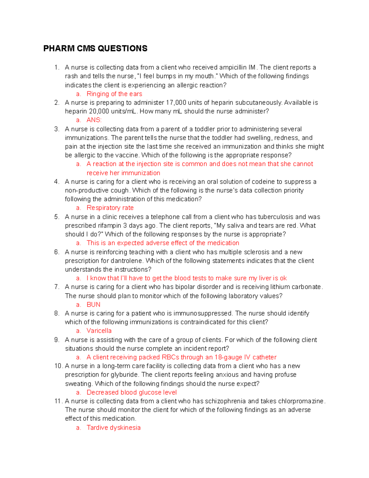 PHARM CMS PRACTICE QUESTIONS: Nursing Data Collection & Med Admin - Studocu