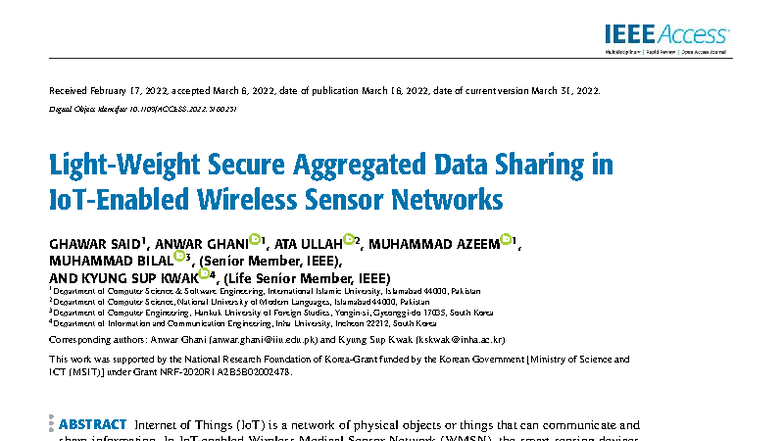 Lightweight Secure Aggregated Data Sharing in WSNs for IoT Applications ...