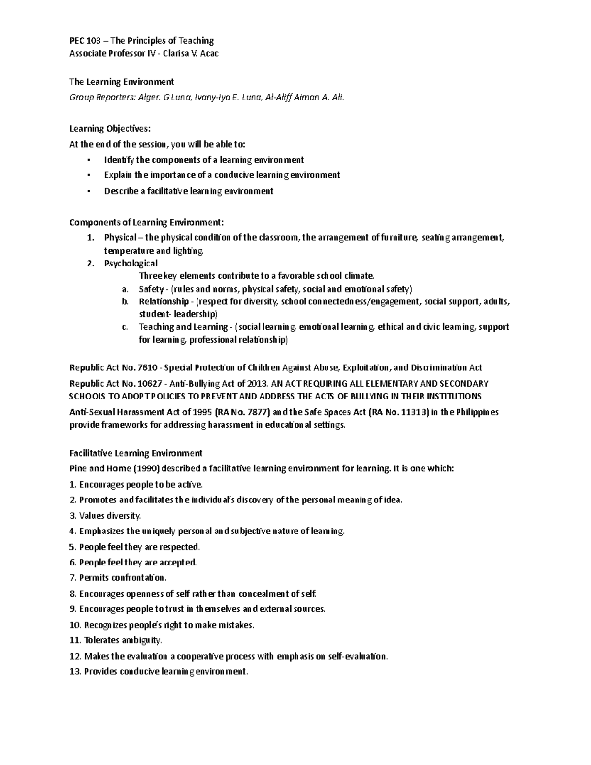 PEC 103 - Notes on Creating an Effective Learning Environment - Studocu