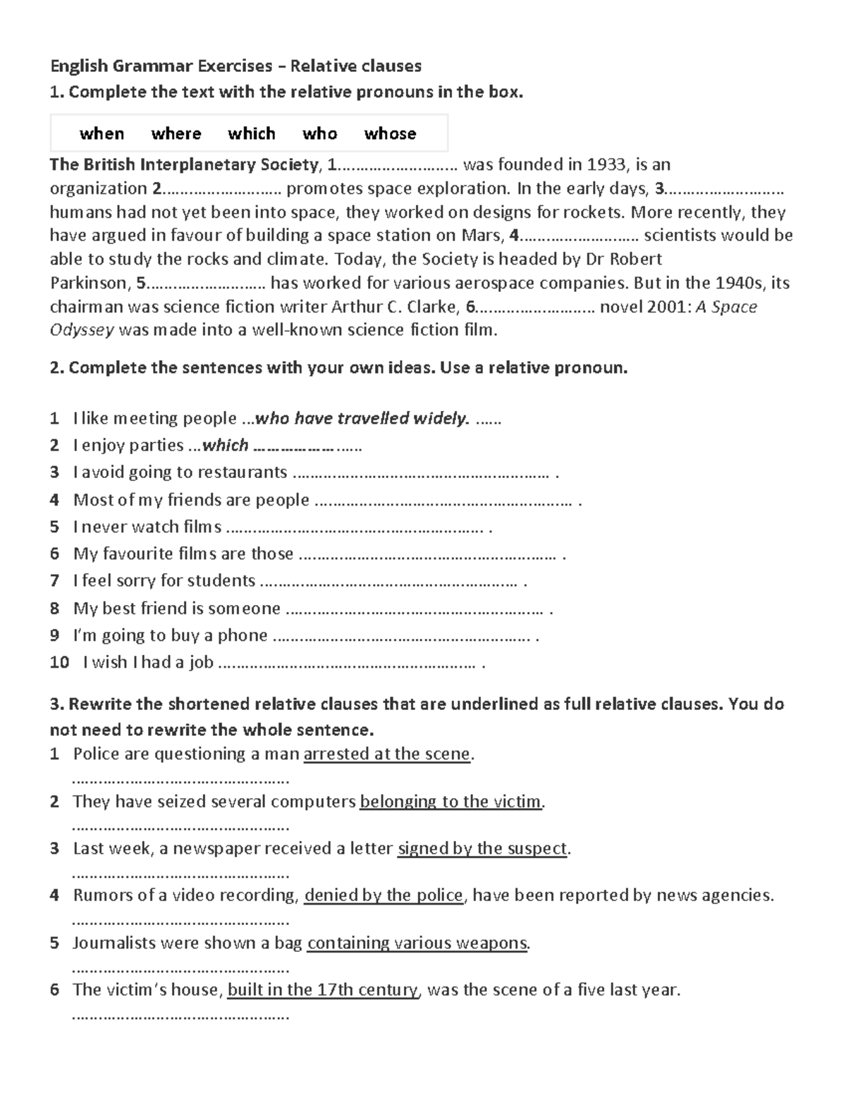 English Grammar Exercises: Mastering Relative Clauses Skills - Studocu