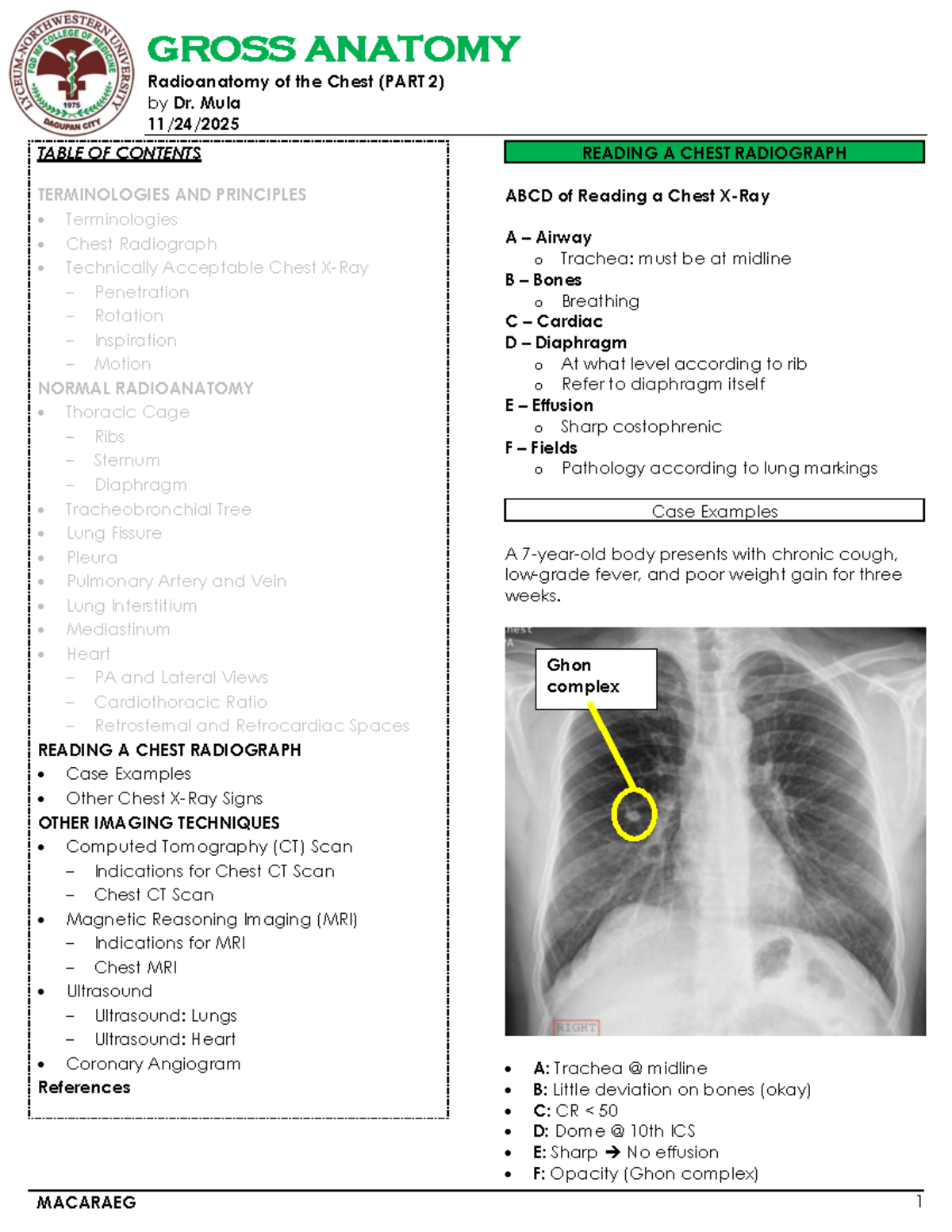 ANAT GROSS ANATOMY Radioanatomy of the Chest (PART 2) Dr. Mula - Studocu