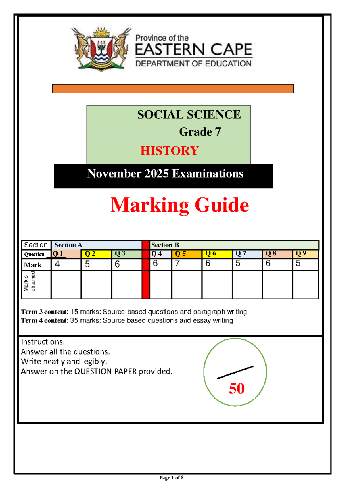 History Grade 7 November 2025 Examinations Marking Guide - Studocu