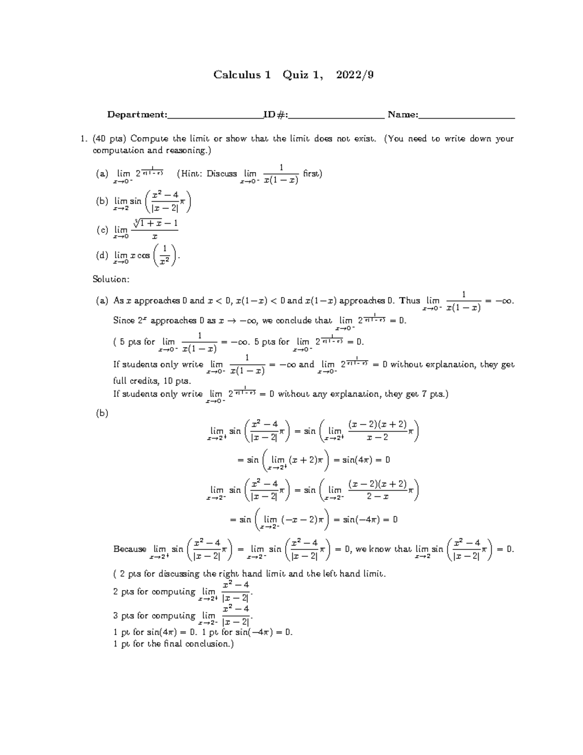Calculus 1 M13 16 Quiz 1 Solutions - Spring 2022 - Studocu