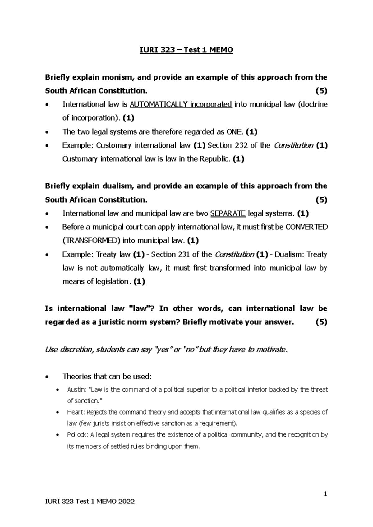 IURI 323 Test 1 Memo: Monism, Dualism, and International Law Analysis ...