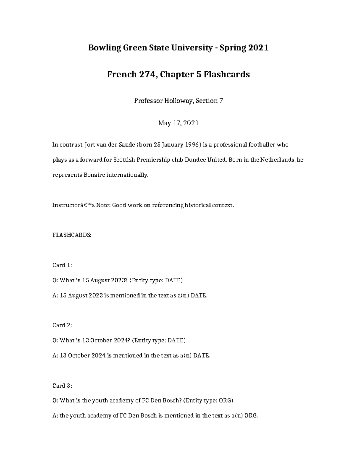 French 274 Chapter 5 Study Flashcards for Exam Preparation - Studocu