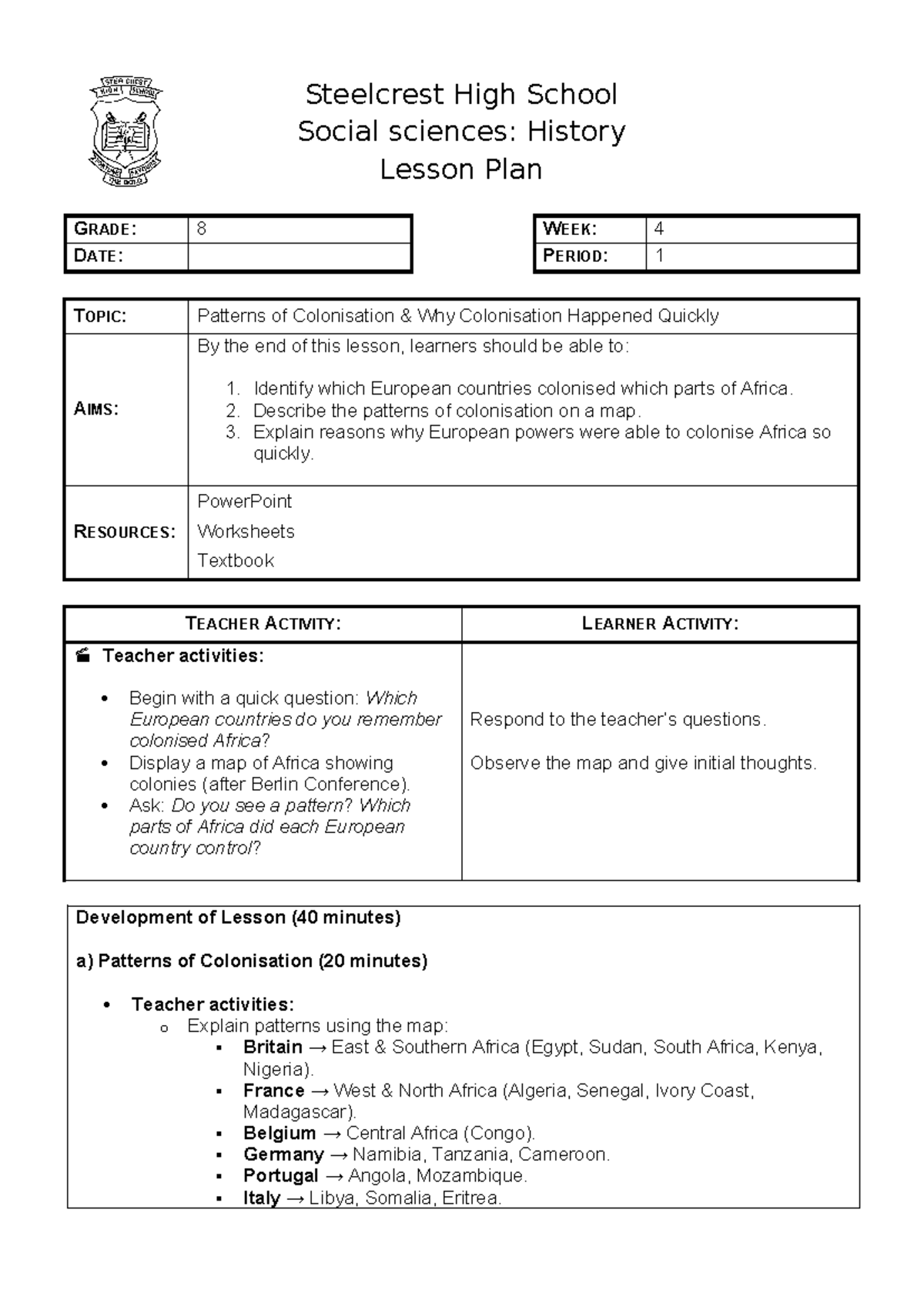 Steelcrest High School Social Sciences: History Lesson Plan on ...