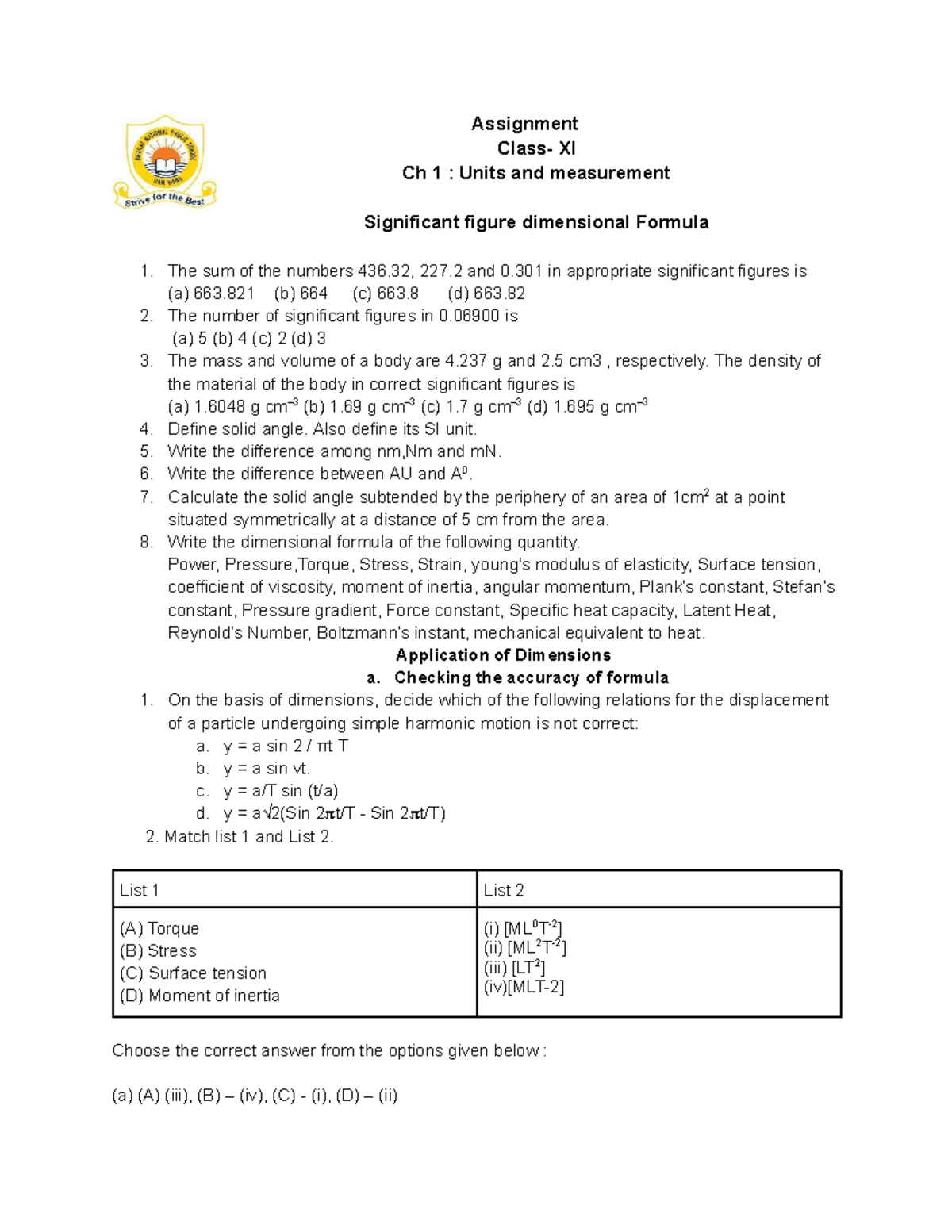 Assignment XI: Ch 1 - Units & Measurement Analysis - Studocu