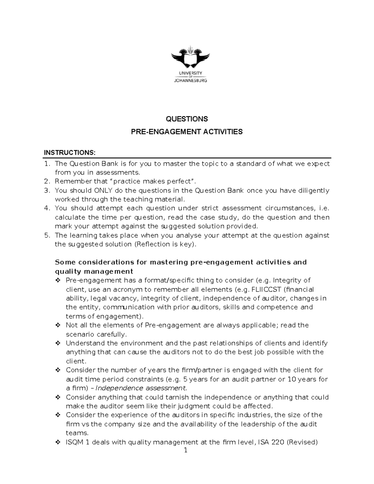Pre-Engagement Activities for Audit Clients: Question Bank - Studocu