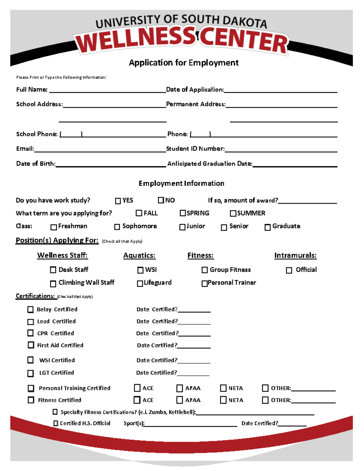 Wellness Center Employment Application Form - Studocu