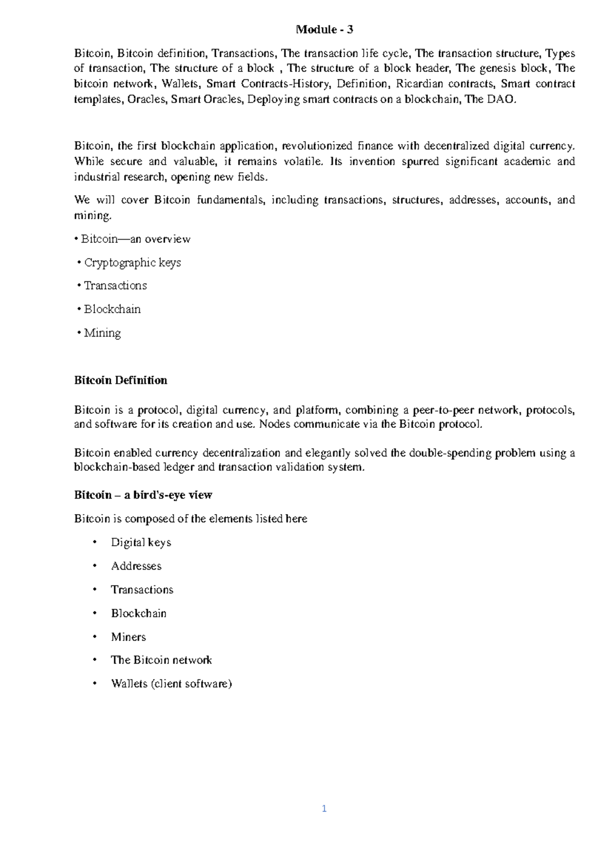 Module 3-6: Bitcoin Fundamentals, Transactions, and Smart Contracts  Overview - Studocu