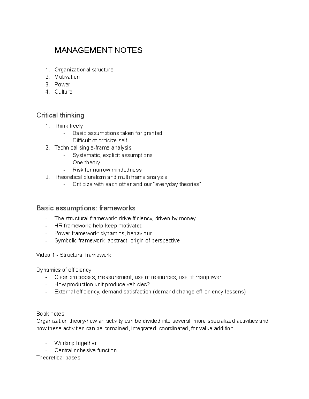 MANAGEMENT NOTES: Organizational Structure, Motivation, and Power ...