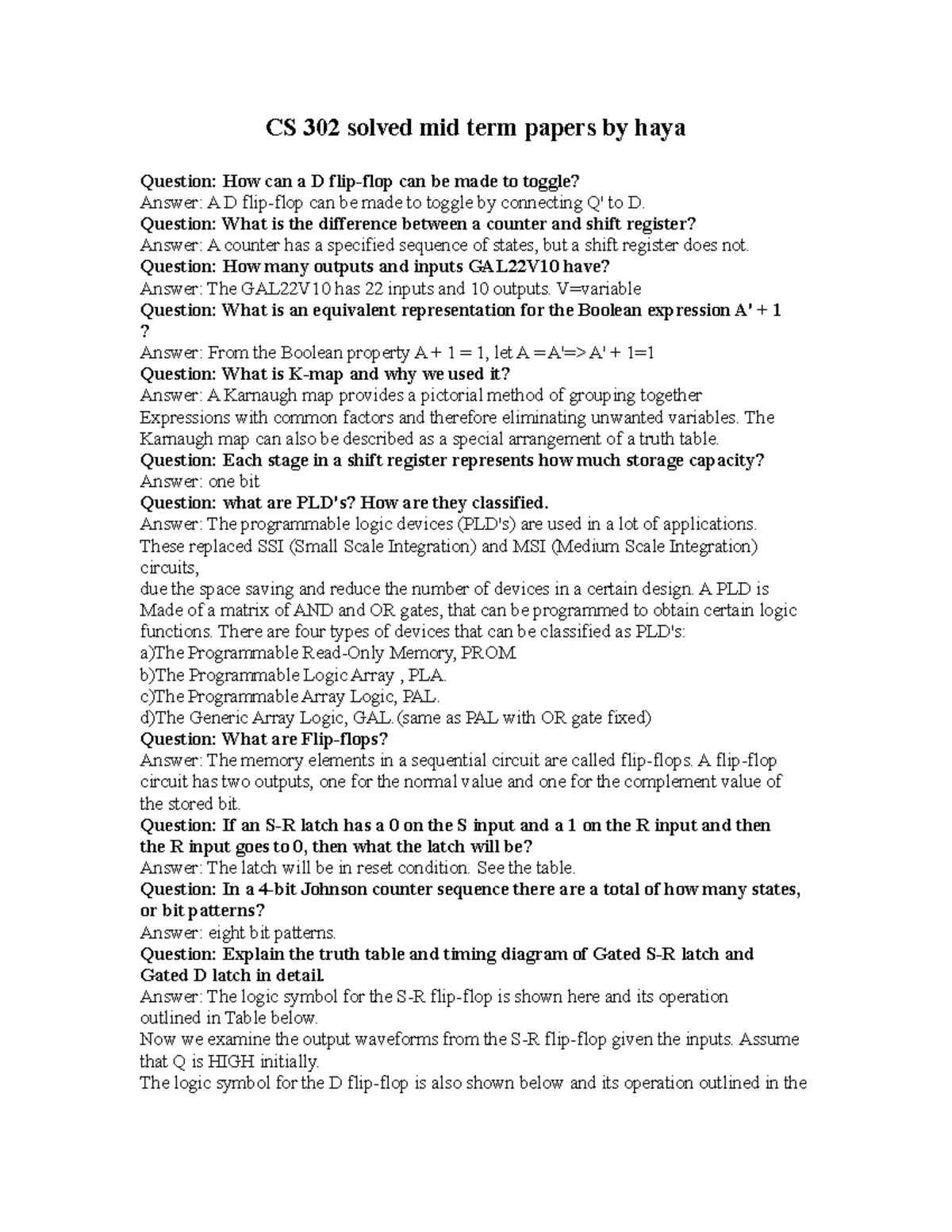 CS302 Midterm Study Notes: D Flip-Flops & Logic Circuits - Studocu