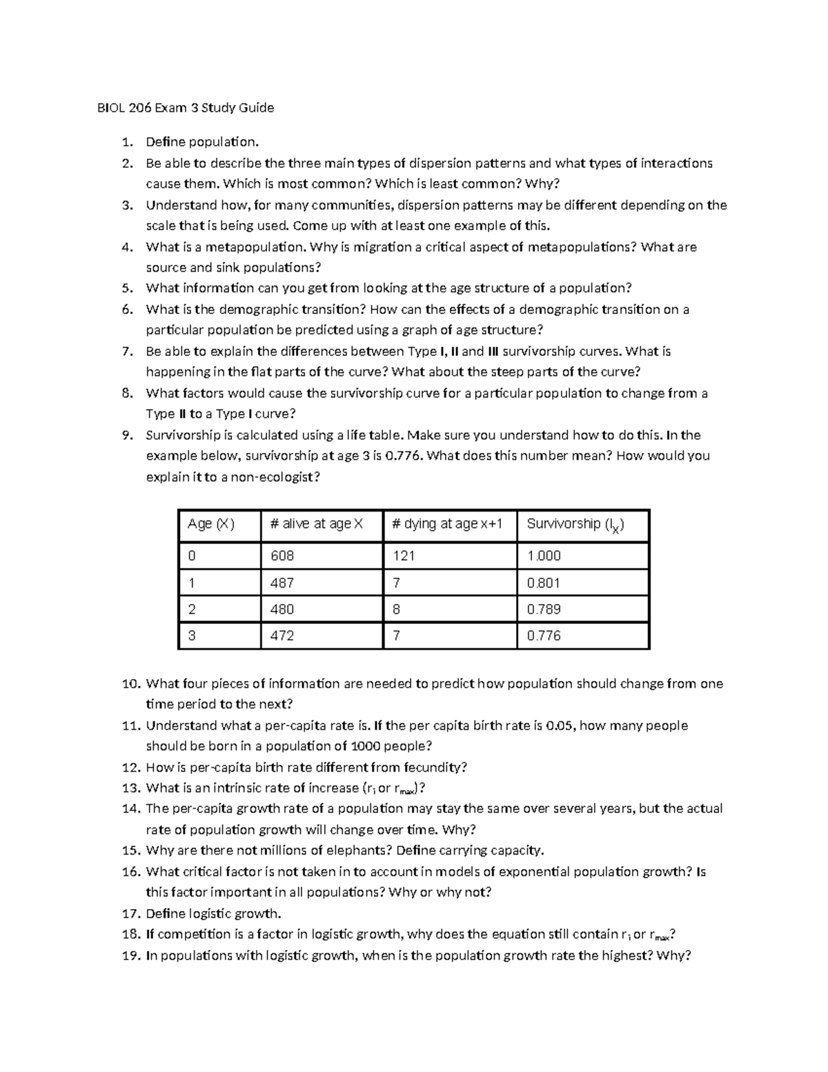 BIOL 206 Exam 3 Study Guide: Key Concepts in Population Ecology - Studocu