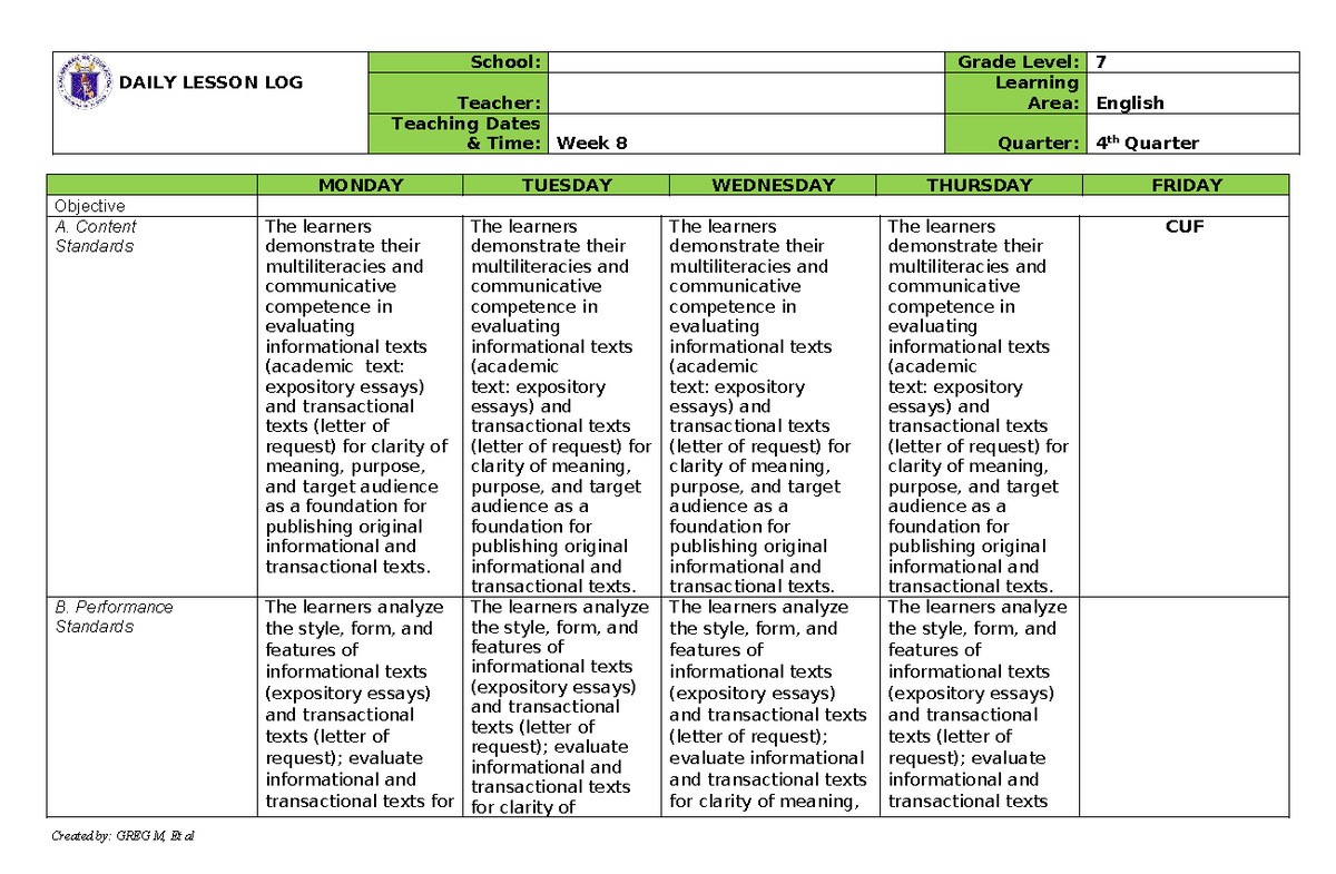 English 7 Q4 Week 8 - Daily Lesson Log on Multiliteracies and Text ...