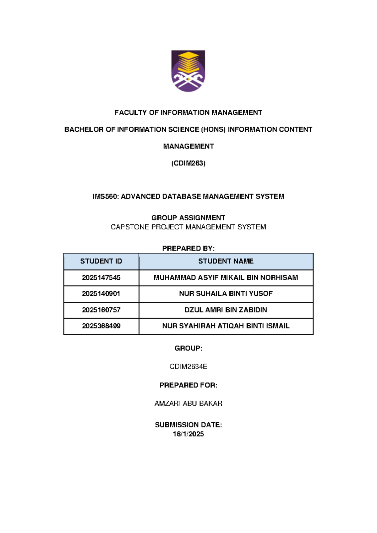 IMS560: Capstone Project Management System Group Assignment - Studocu