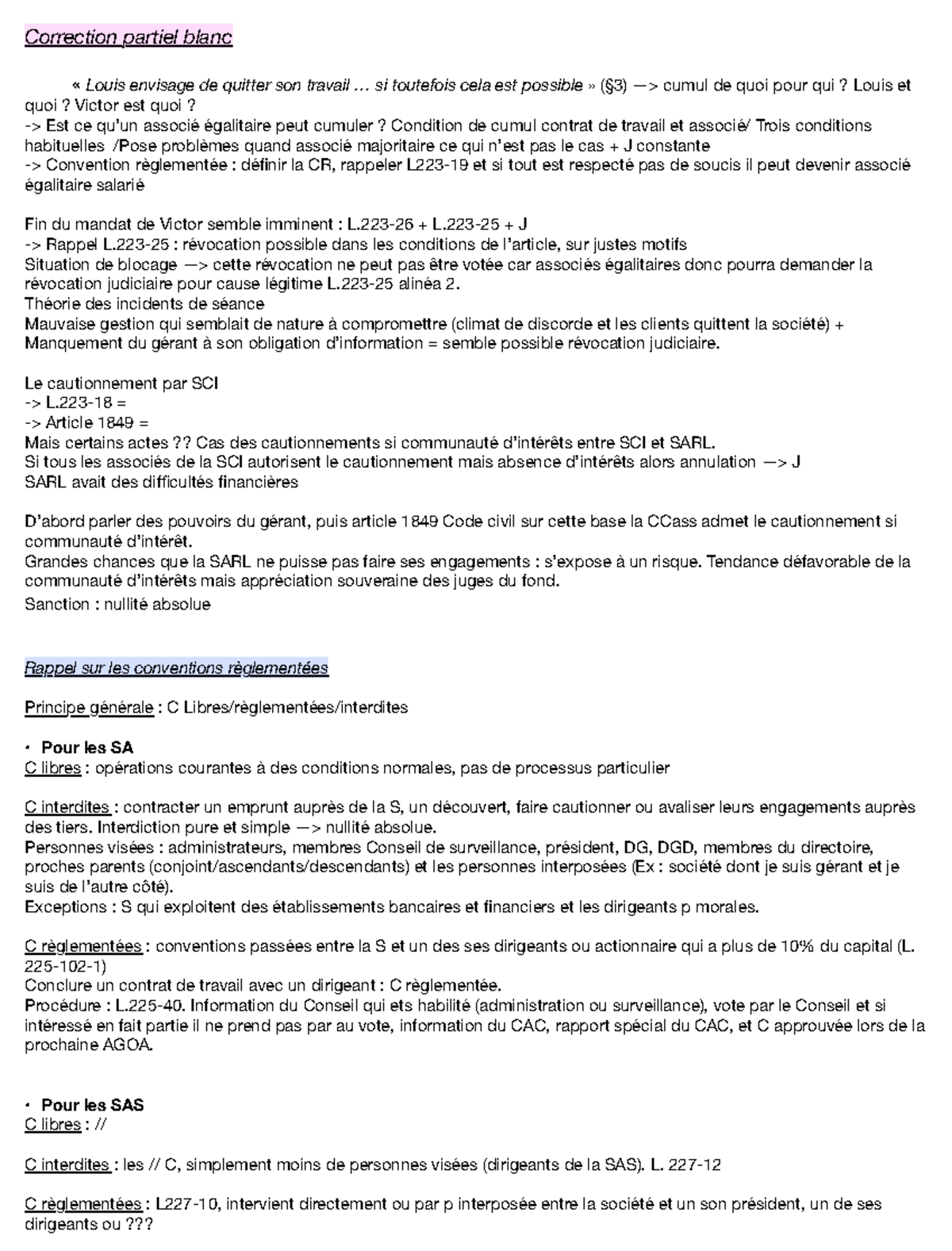 Correction Partiel Blanc - Droit Spécial des Sociétés (DSS 101) - Studocu