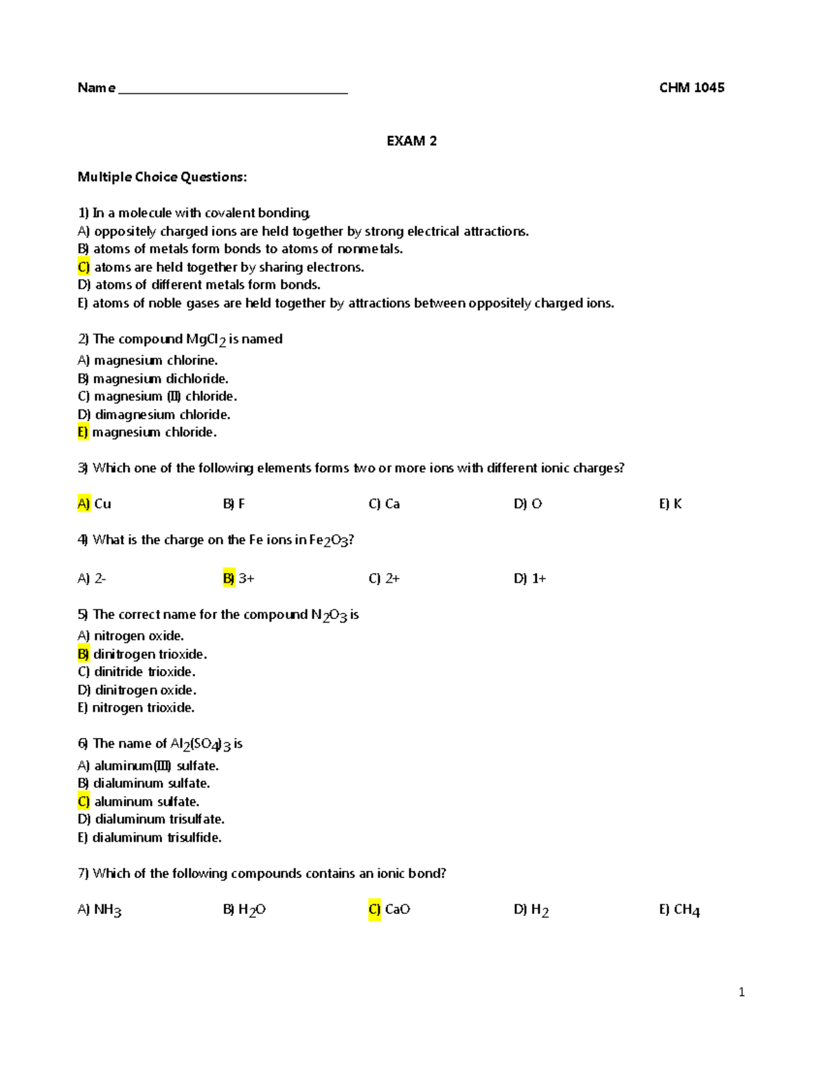 CHM 1045 Exam 2 Practice KEY - Multiple Choice and True/False Questions ...