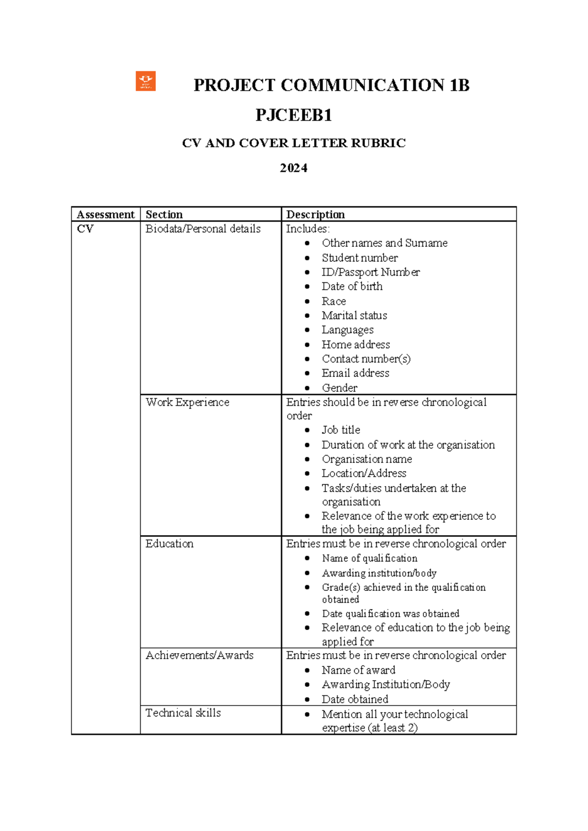 PJCEEB1 Project Communication CV & Cover Letter Rubric 2024 - Studocu
