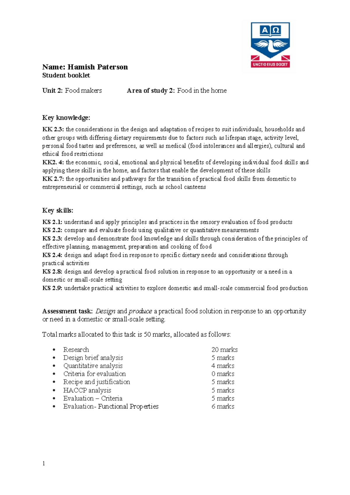 Unit 2: Food Makers - Design Brief for Dietary Adaptation 2025 - Studocu