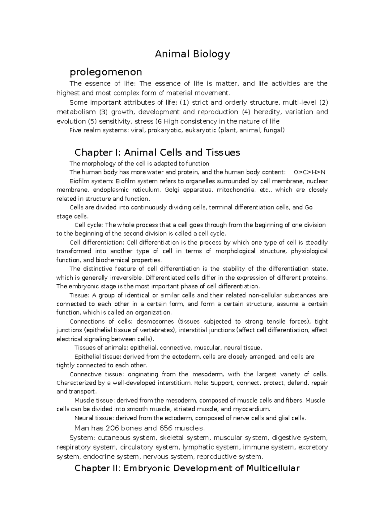 Animal Biology (AB-101) - Key Points Summary and Insights - Studocu