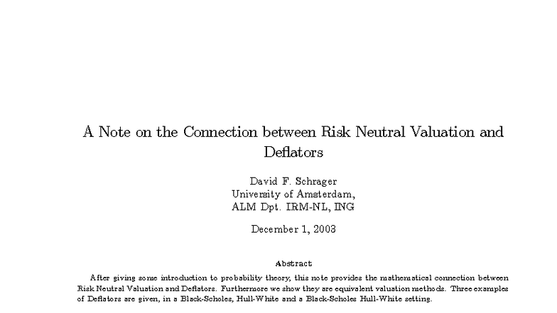 Deflator Note: Connection between Risk Neutral Valuation and Deflators ...